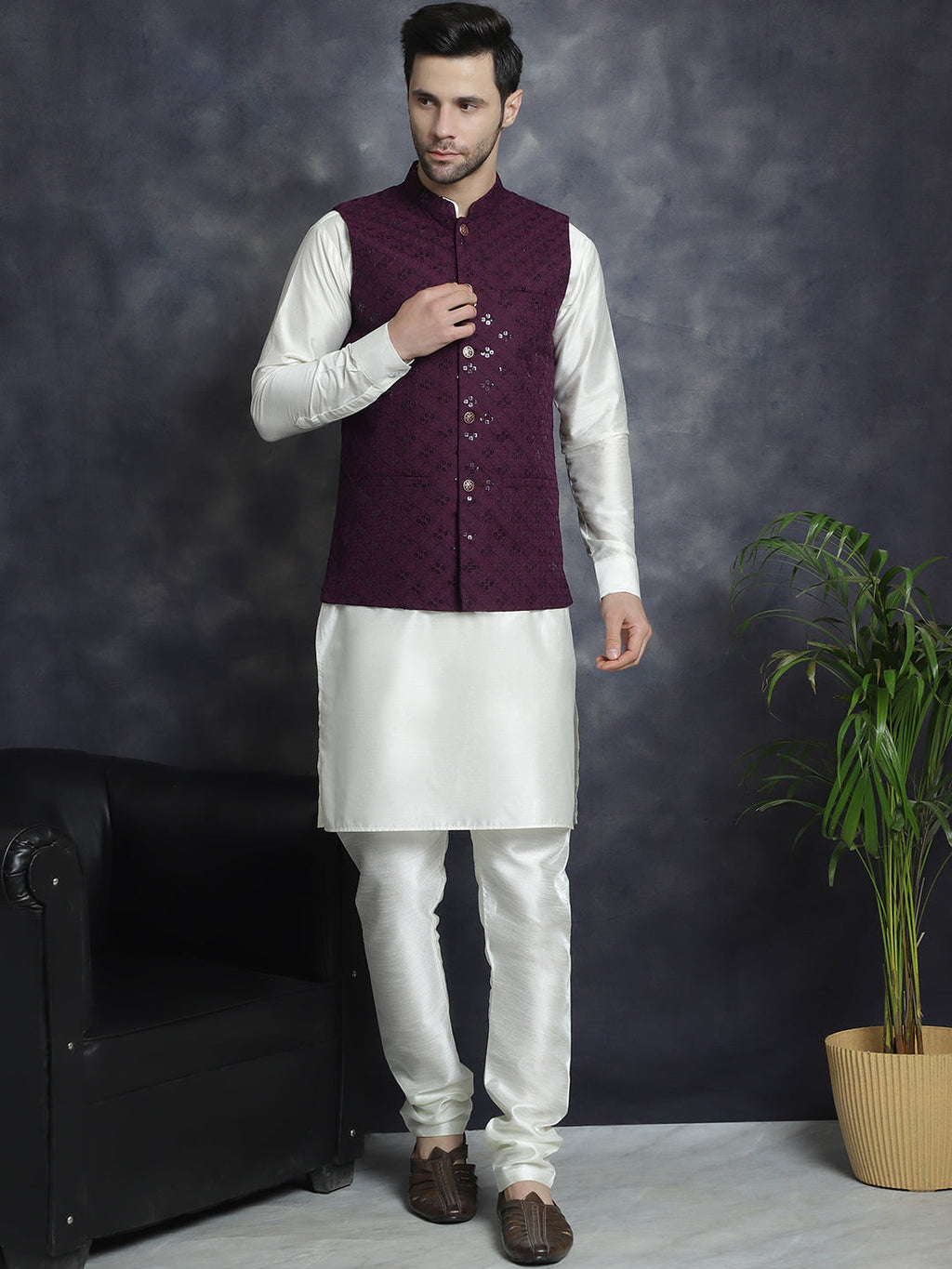 Jompers Men's Sequins and Embroidred Nehru Jacket With Solid Kurta Pyjama - Purple