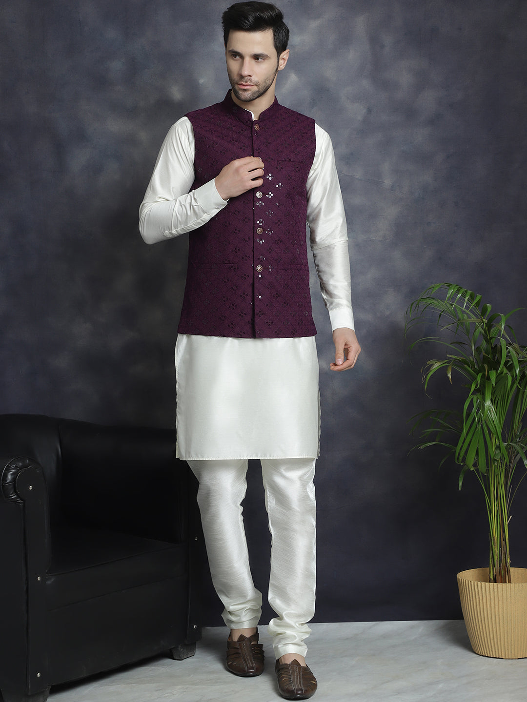 Jompers Men's Sequins and Embroidred Nehru Jacket With Solid Kurta Pyjama - Purple
