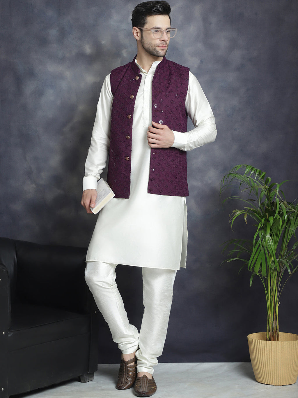 Jompers Men's Sequins and Embroidred Nehru Jacket With Solid Kurta Pyjama - Purple