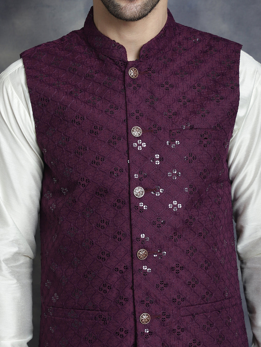 Jompers Men's Sequins and Embroidred Nehru Jacket With Solid Kurta Pyjama - Purple