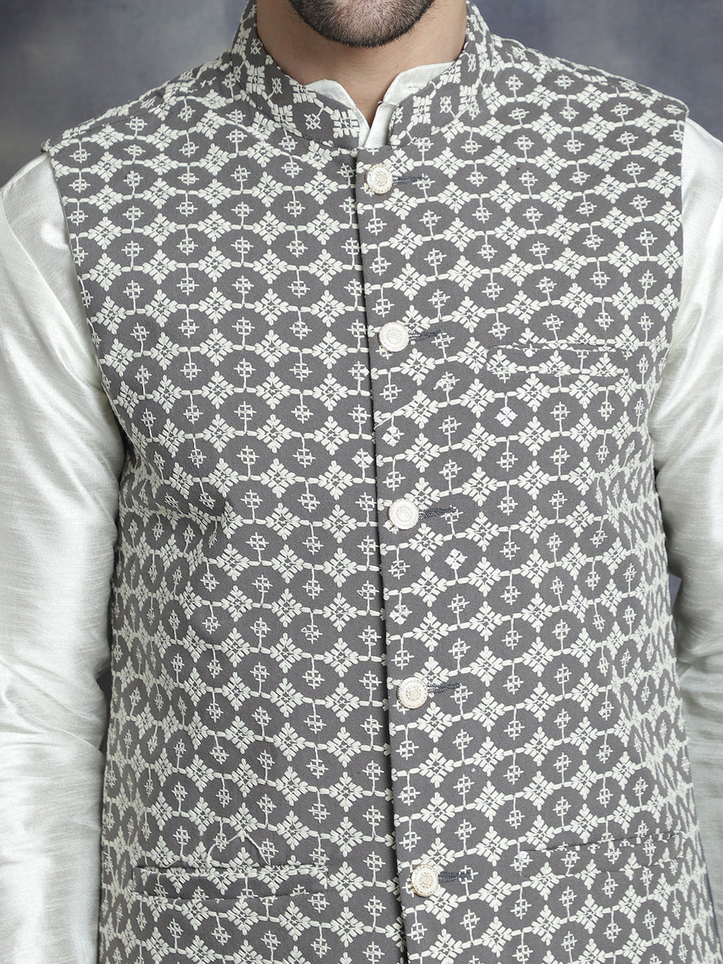 Jompers Men's Embroidred Nehru Jacket With Solid Kurta Pyjama - Grey