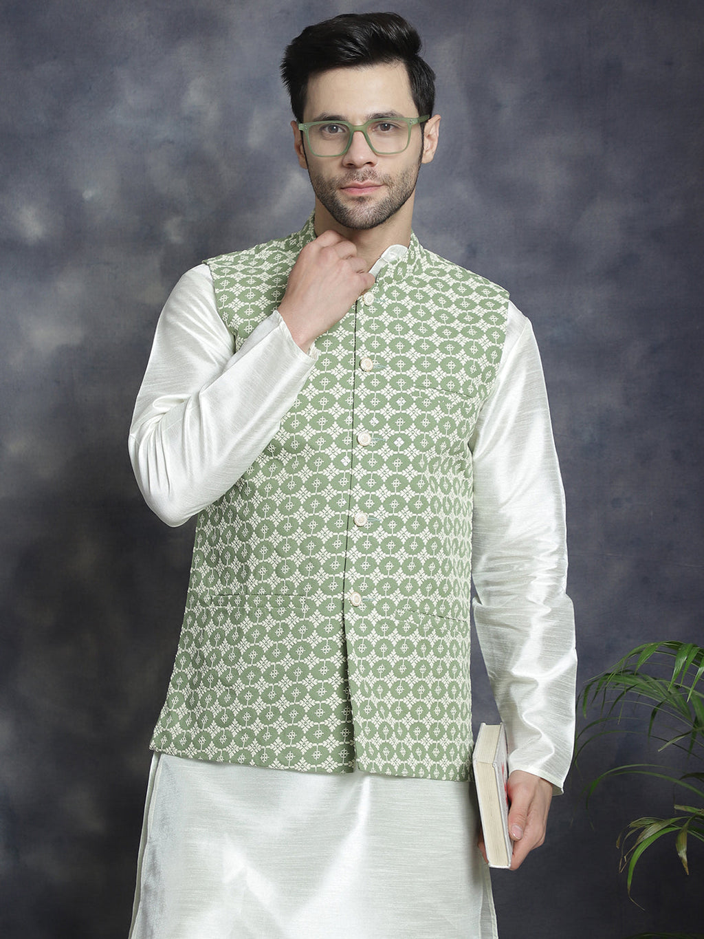 Jompers Men's Embroidred Nehru Jacket With Solid Kurta Pyjama - Mehndi