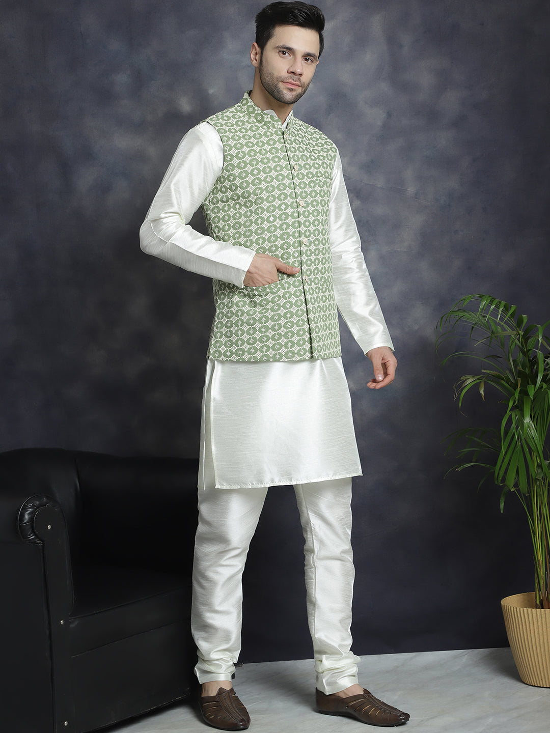 Jompers Men's Embroidred Nehru Jacket With Solid Kurta Pyjama - Mehndi