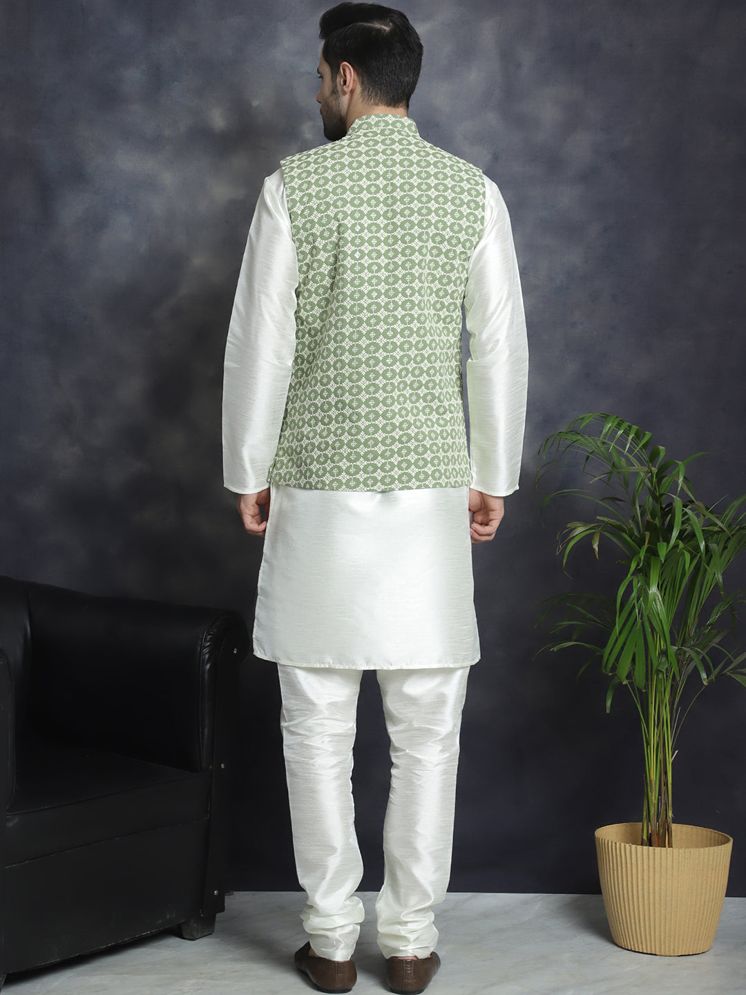 Jompers Men's Embroidred Nehru Jacket With Solid Kurta Pyjama - Mehndi