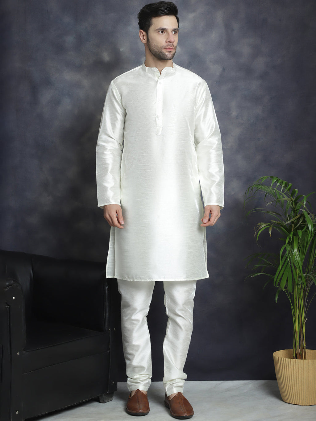 Jompers Men's Embroidred Nehru Jacket With Solid Kurta Pyjama - Mehndi