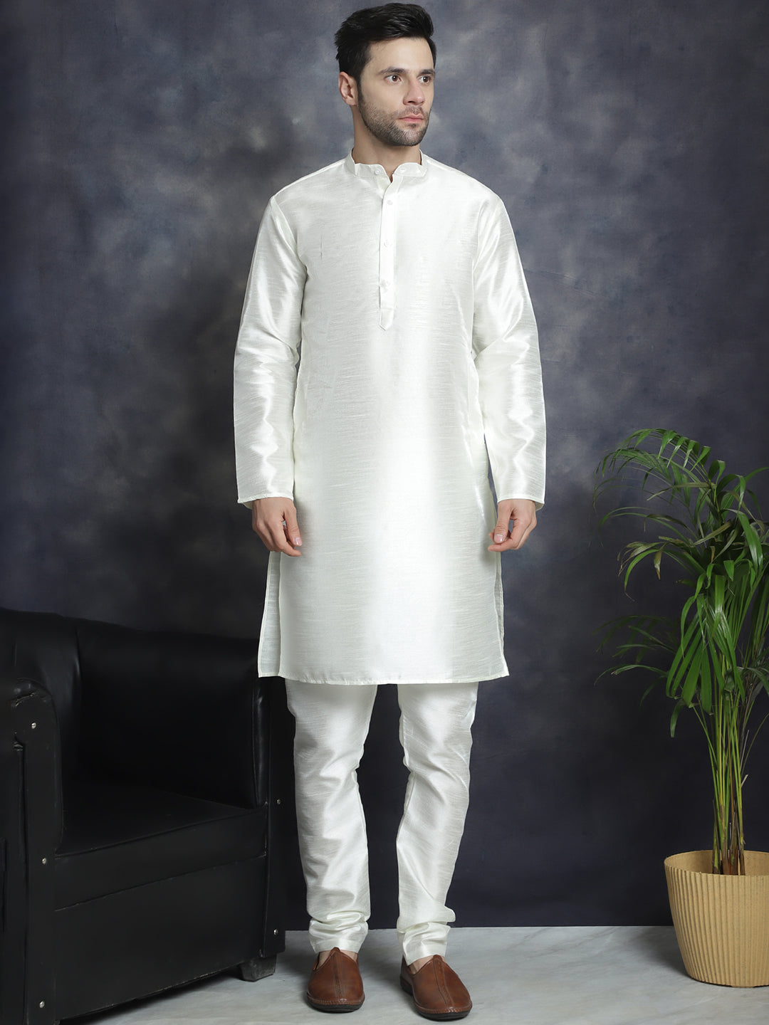 Jompers Men's Embroidred Nehru Jacket With Solid Kurta Pyjama - Mehndi