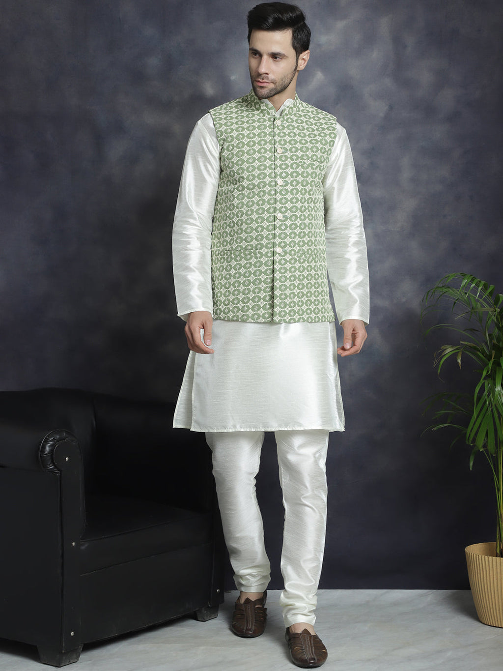 Jompers Men's Embroidred Nehru Jacket With Solid Kurta Pyjama - Mehndi