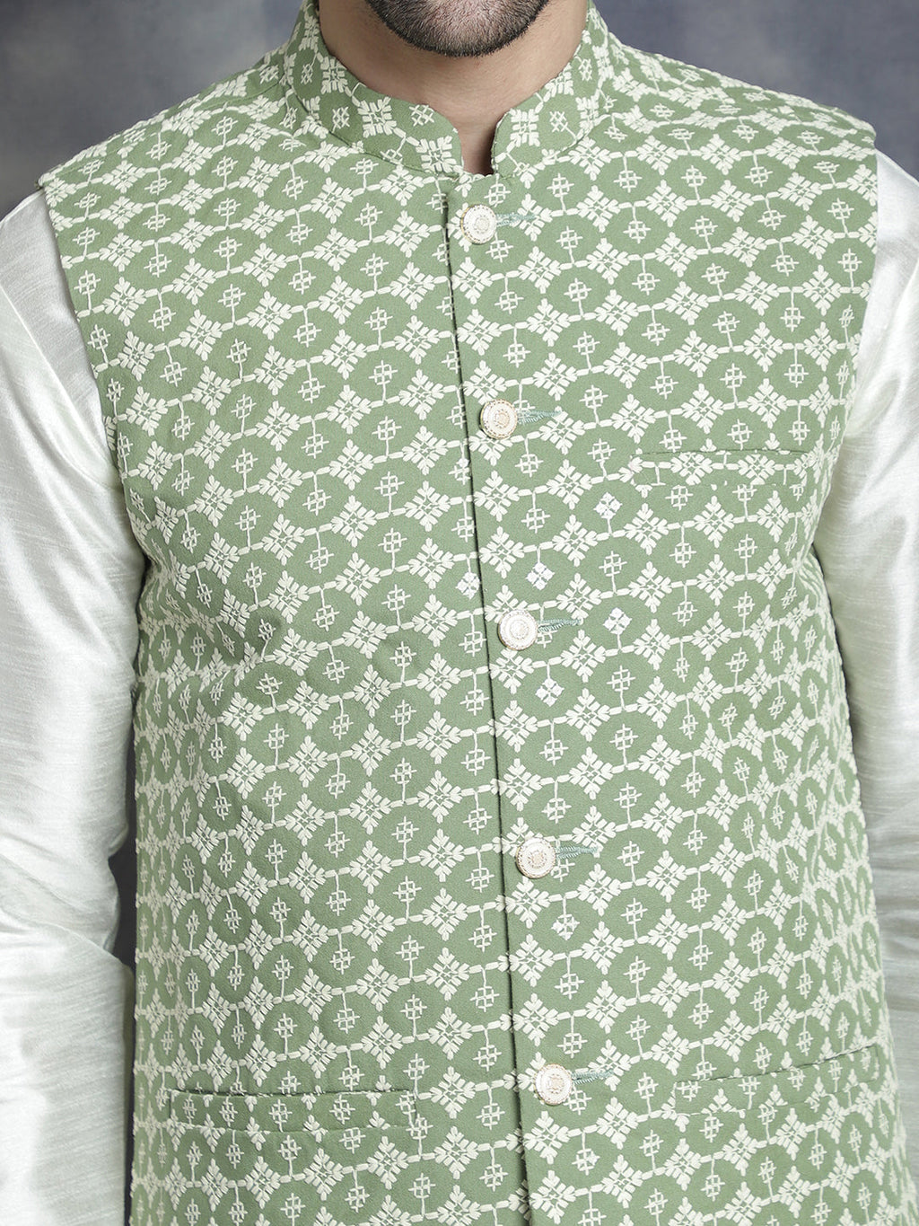 Jompers Men's Embroidred Nehru Jacket With Solid Kurta Pyjama - Mehndi