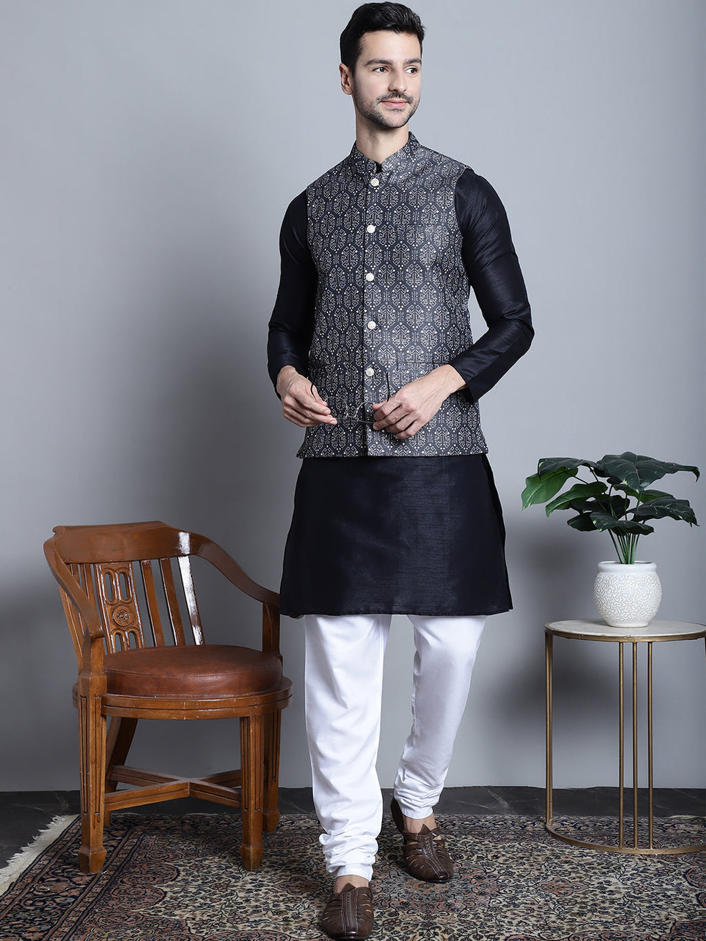 Jompers Men's Printed Nehru Jacket With Kurta Pyjama Set - Charcoal