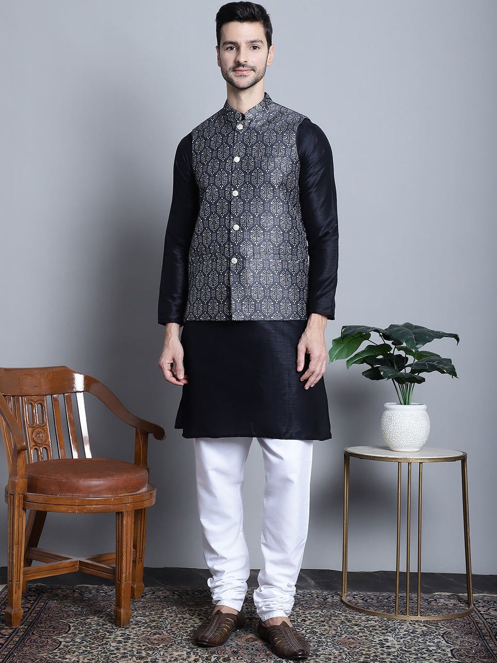 Jompers Men's Printed Nehru Jacket With Kurta Pyjama Set - Charcoal