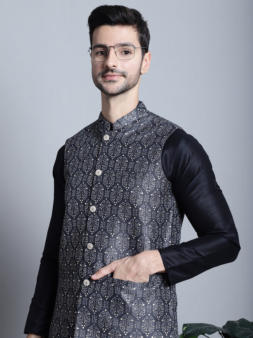 Jompers Men's Printed Nehru Jacket With Kurta Pyjama Set - Charcoal