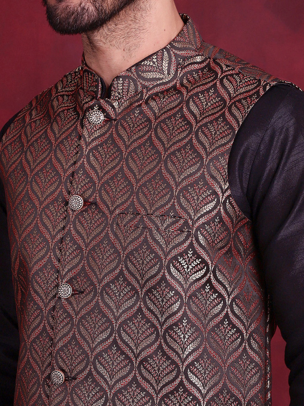 Jompers Men's Woven Design Nehru Jacket With Kurta Pyjama Set - Maroon