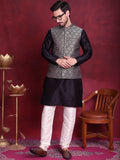 Jompers Men's Woven Design Nehru Jacket With Kurta Pyjama Set - Silver