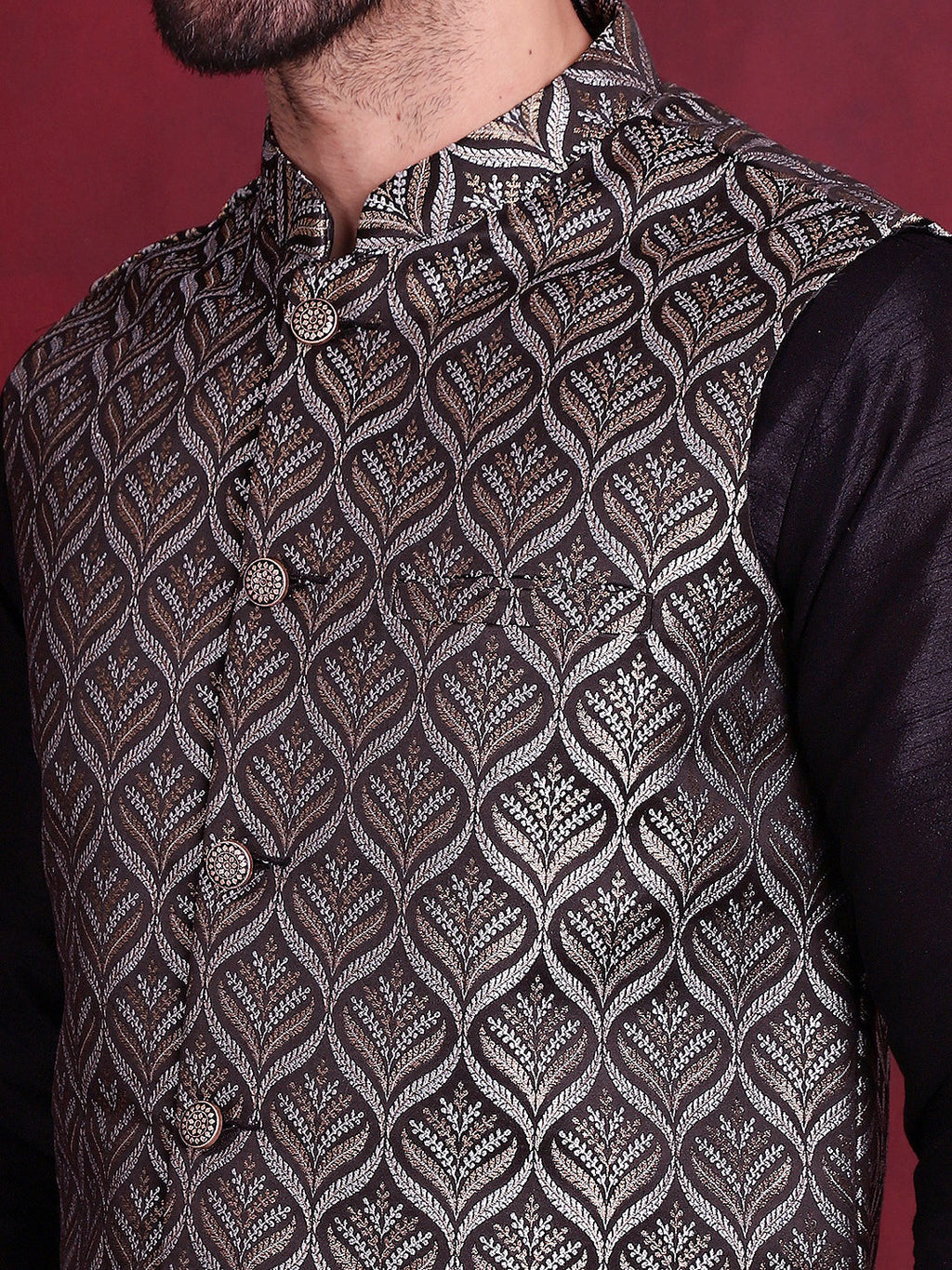 Jompers Men's Woven Design Nehru Jacket With Kurta Pyjama Set - Silver