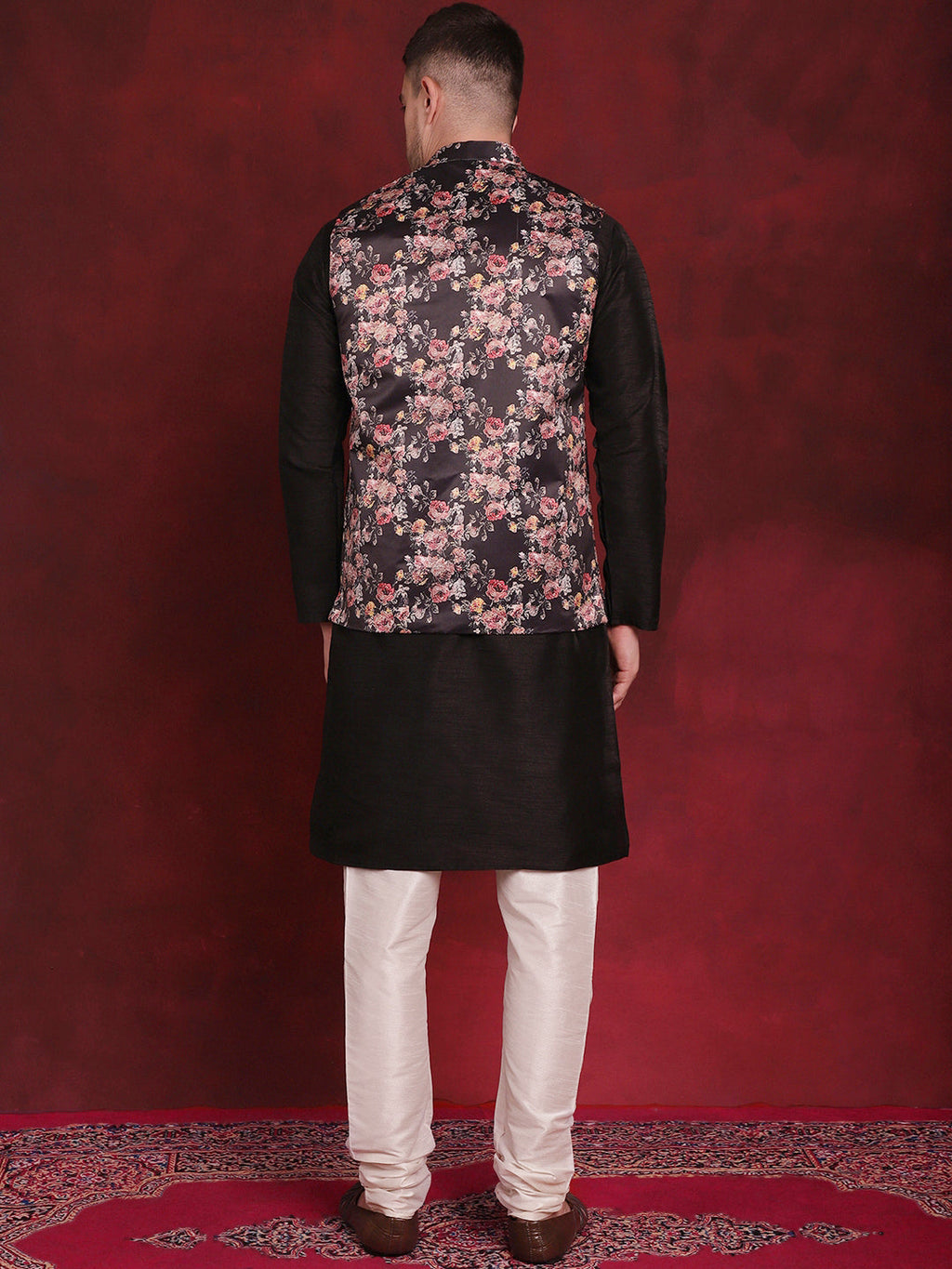 Jompers Men's Black Floral Printed Nehru Jacket With Kurta Pyjama Set