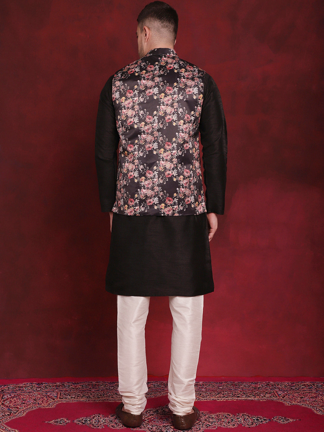 Jompers Men's Black Floral Printed Nehru Jacket With Kurta Pyjama Set