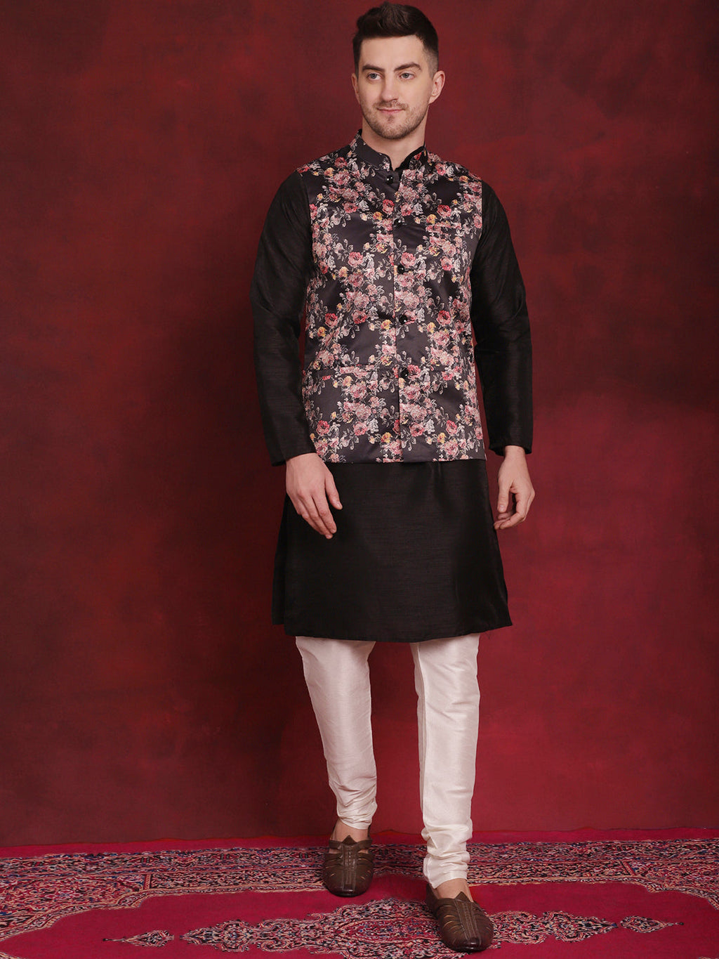 Jompers Men's Black Floral Printed Nehru Jacket With Kurta Pyjama Set