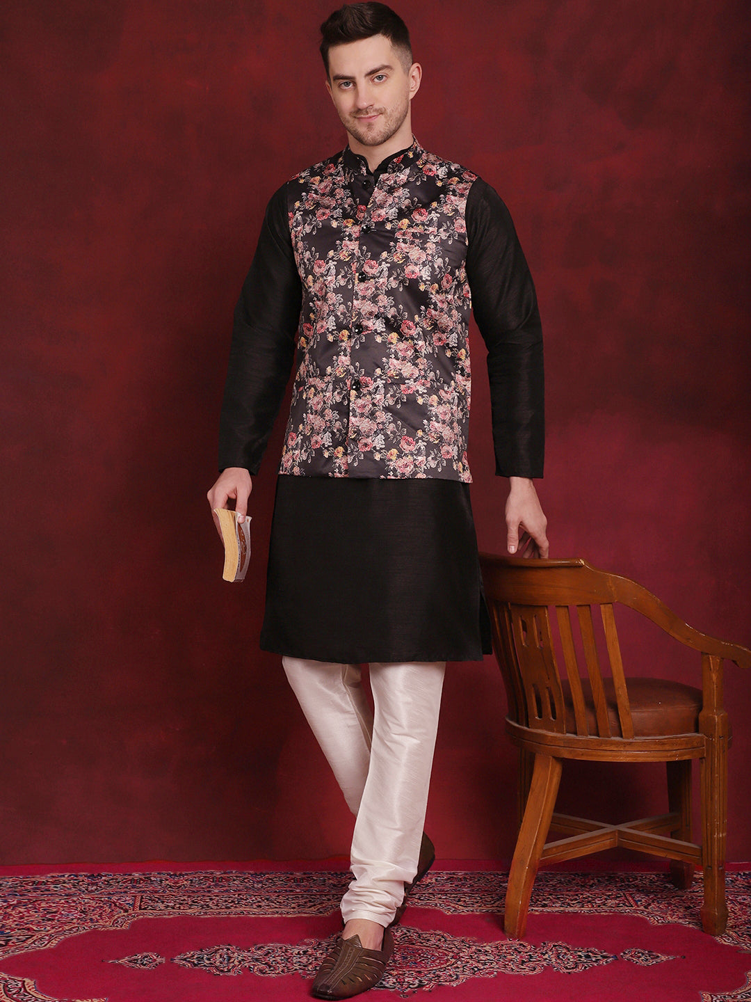Jompers Men's Black Floral Printed Nehru Jacket With Kurta Pyjama Set