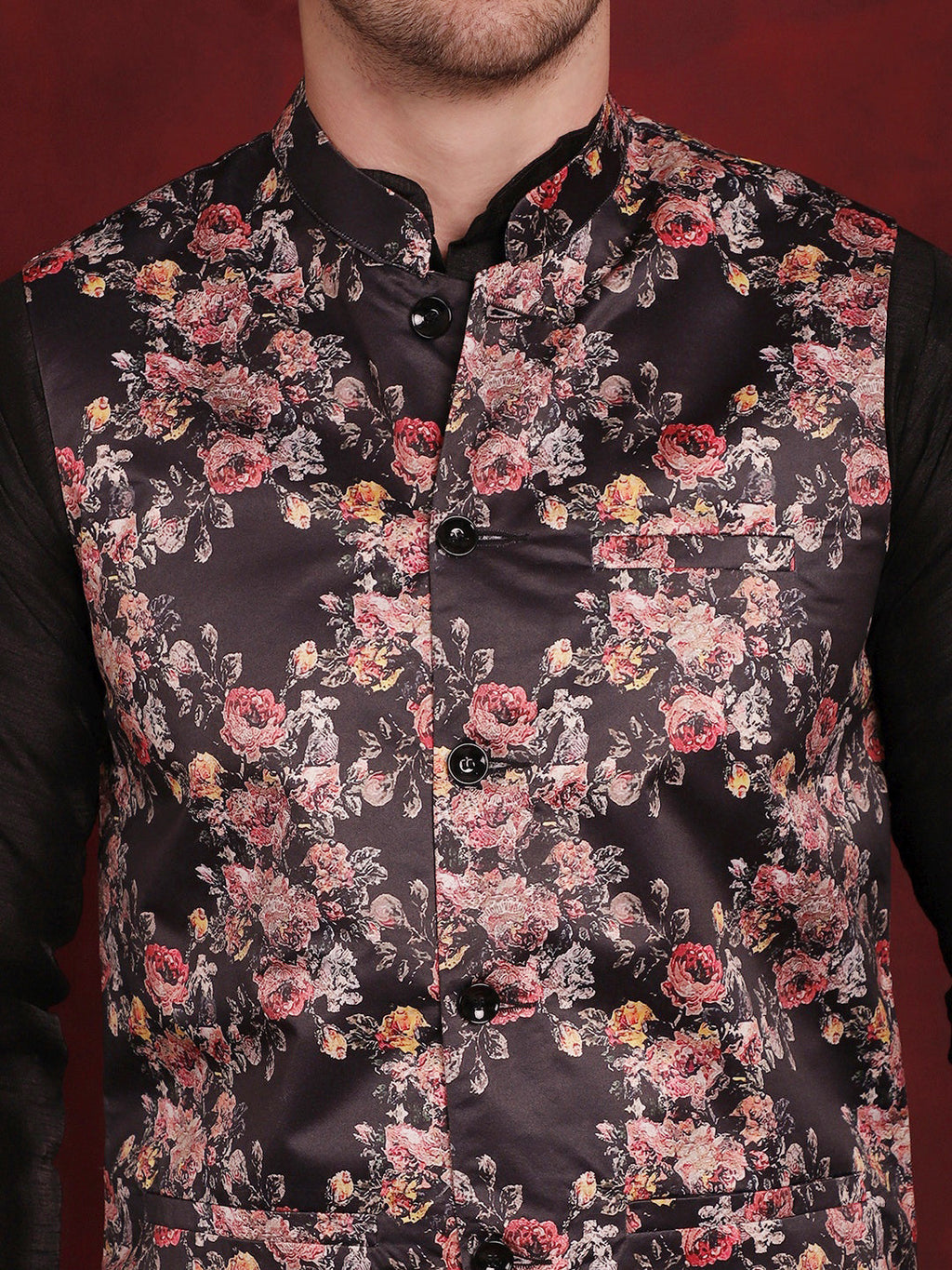 Jompers Men's Black Floral Printed Nehru Jacket With Kurta Pyjama Set