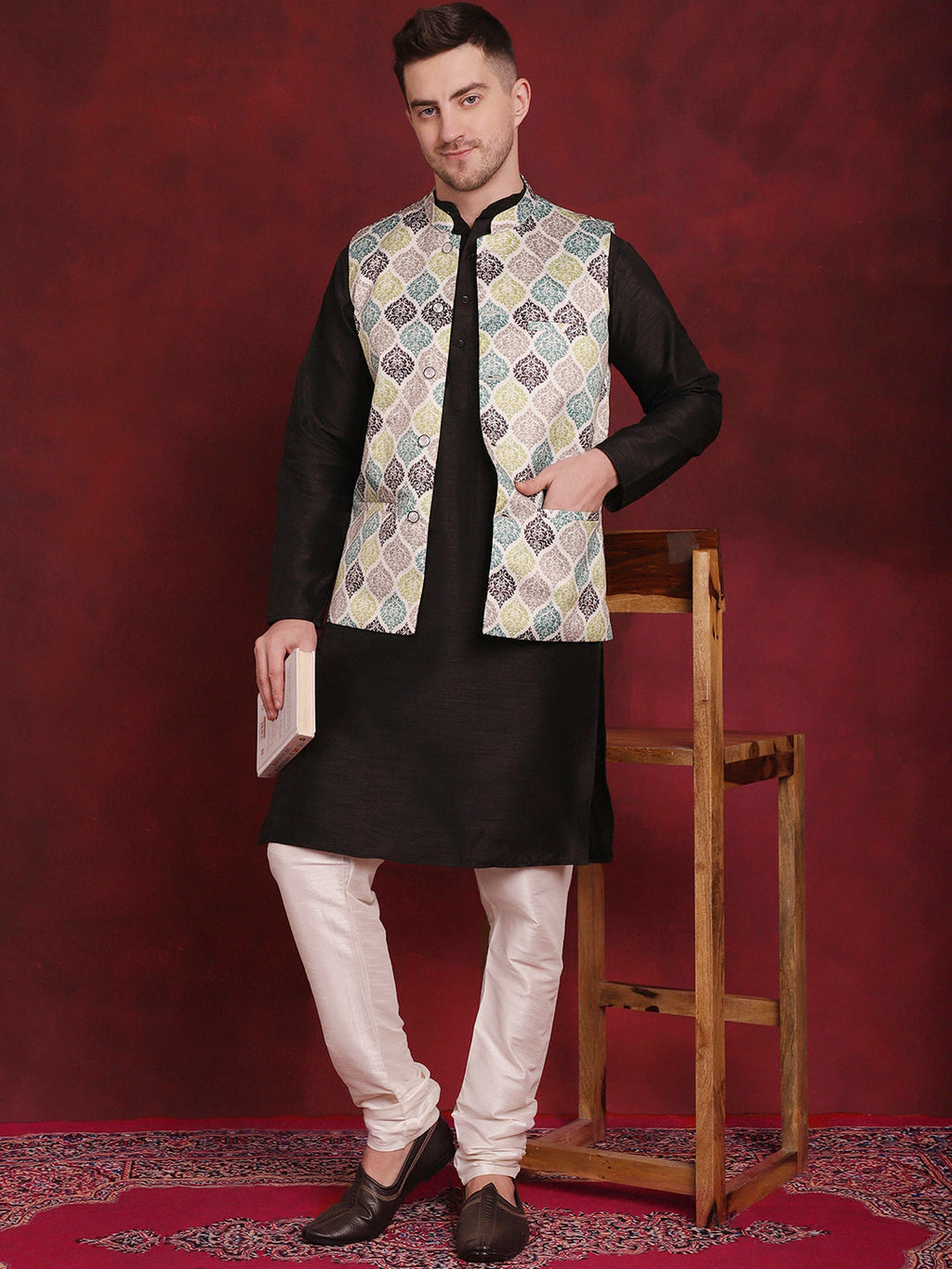 Jompers Men's Green Floral Printed Nehru Jacket With Kurta Pyjama Set