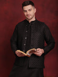 Jompers Men's Black Woven Design Nehru Jacket With Kurta Pyjama Set