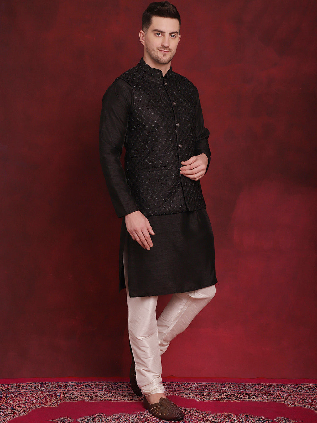 Jompers Men's Black Woven Design Nehru Jacket With Kurta Pyjama Set