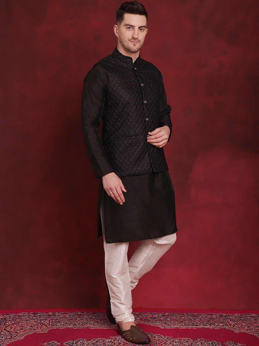 Jompers Men's Black Woven Design Nehru Jacket With Kurta Pyjama Set