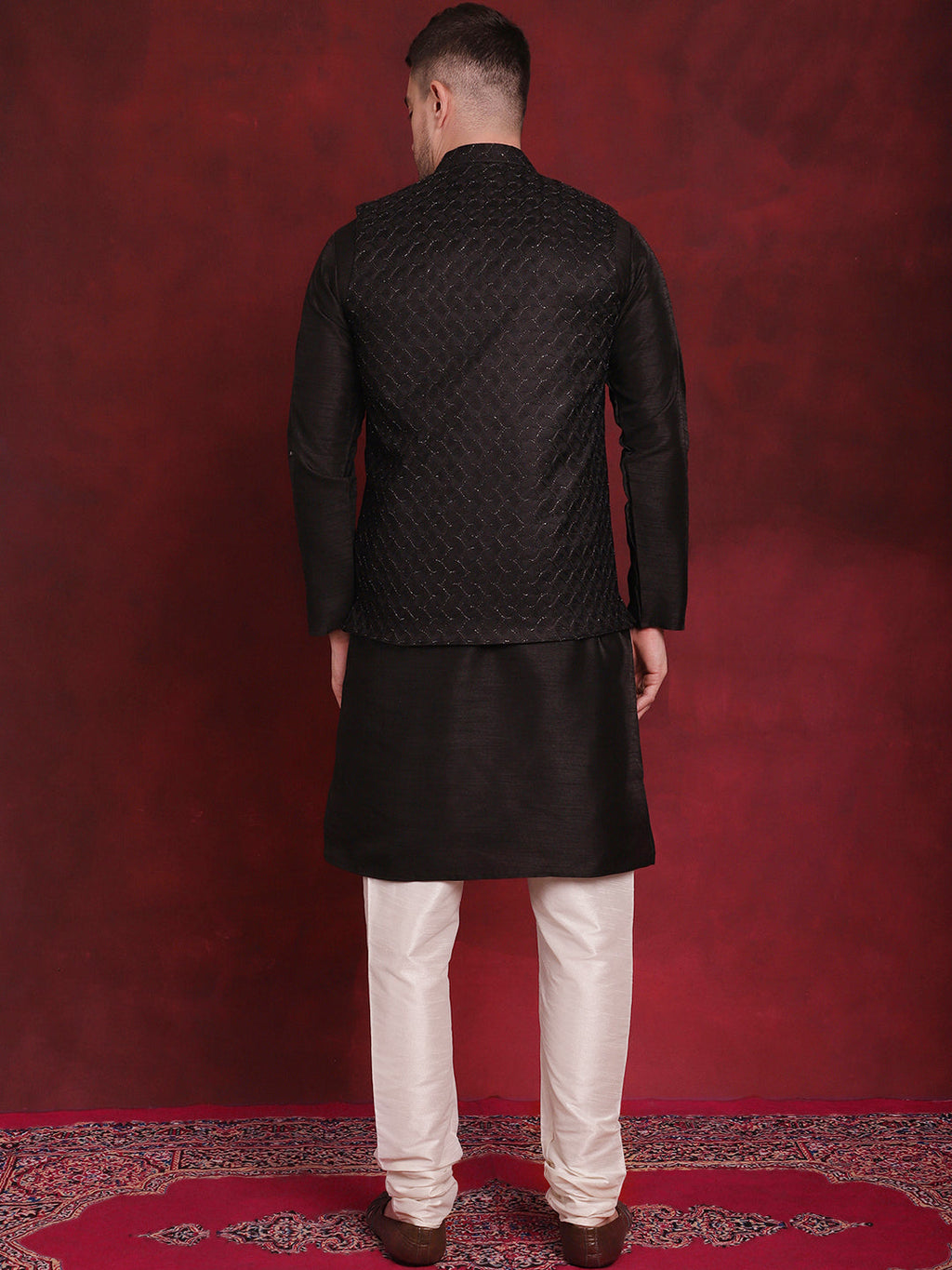 Jompers Men's Black Woven Design Nehru Jacket With Kurta Pyjama Set