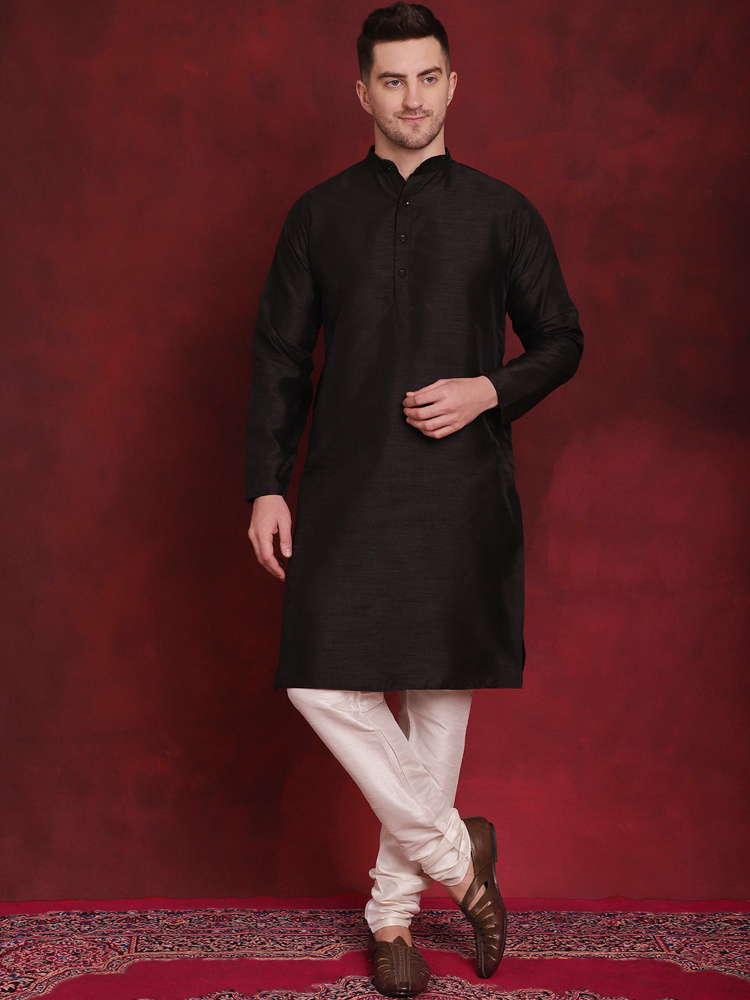 Jompers Men's Black Woven Design Nehru Jacket With Kurta Pyjama Set