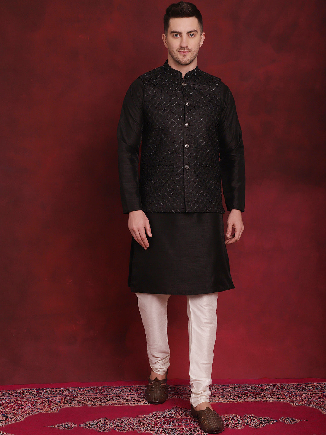 Jompers Men's Black Woven Design Nehru Jacket With Kurta Pyjama Set