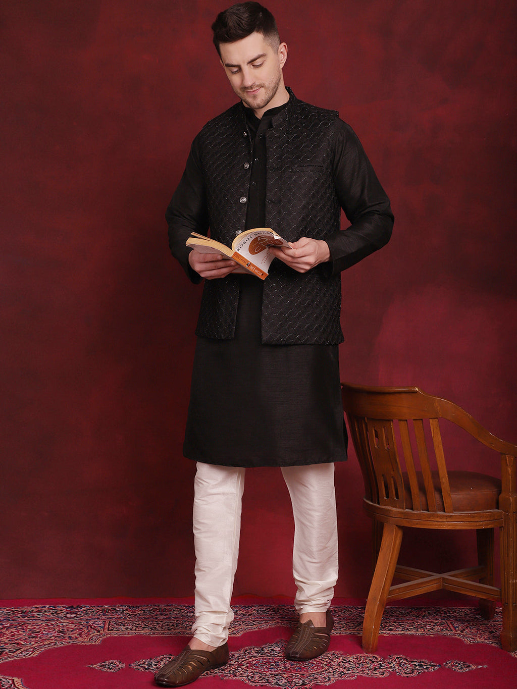 Jompers Men's Black Woven Design Nehru Jacket With Kurta Pyjama Set