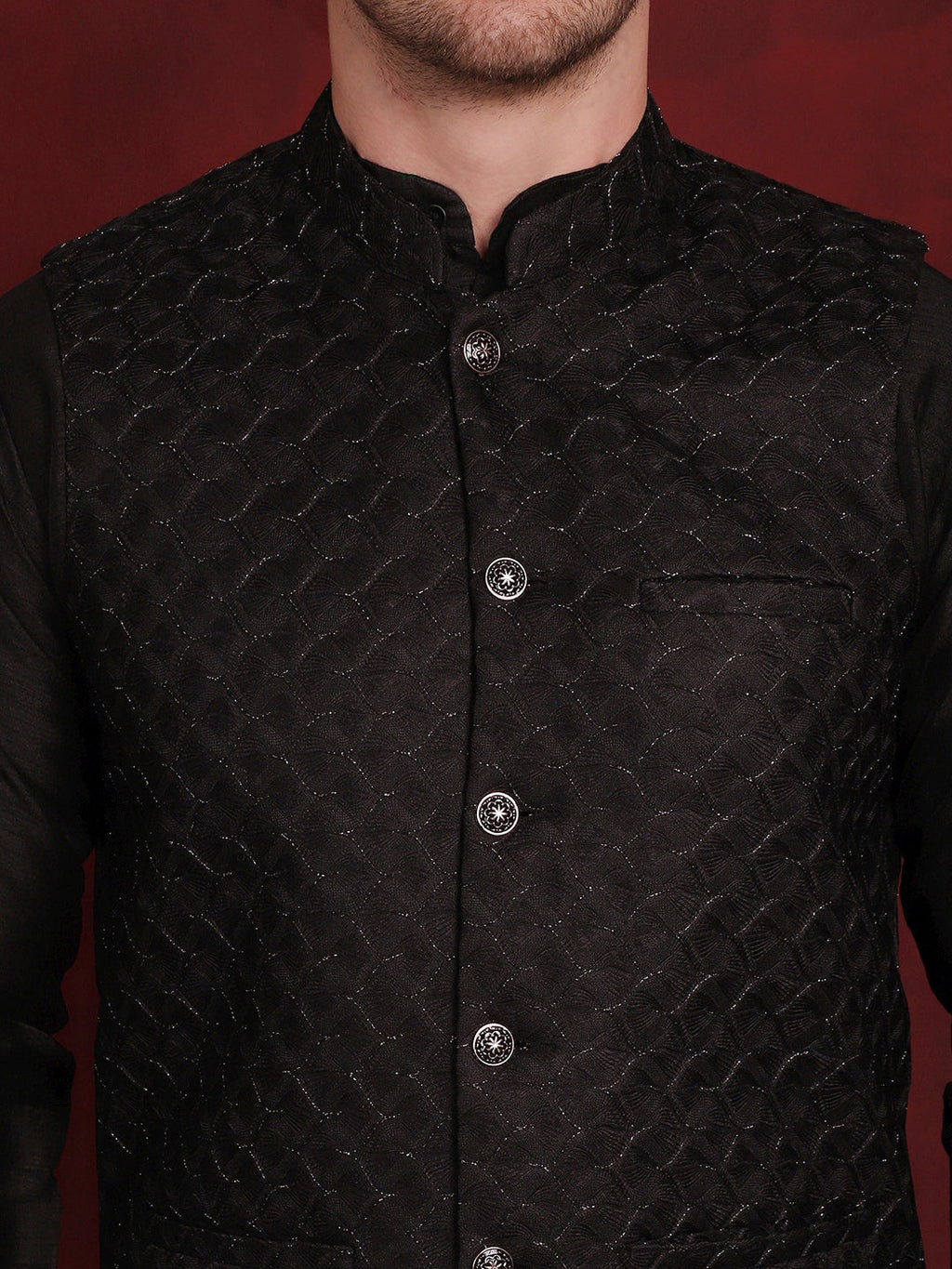 Jompers Men's Black Woven Design Nehru Jacket With Kurta Pyjama Set
