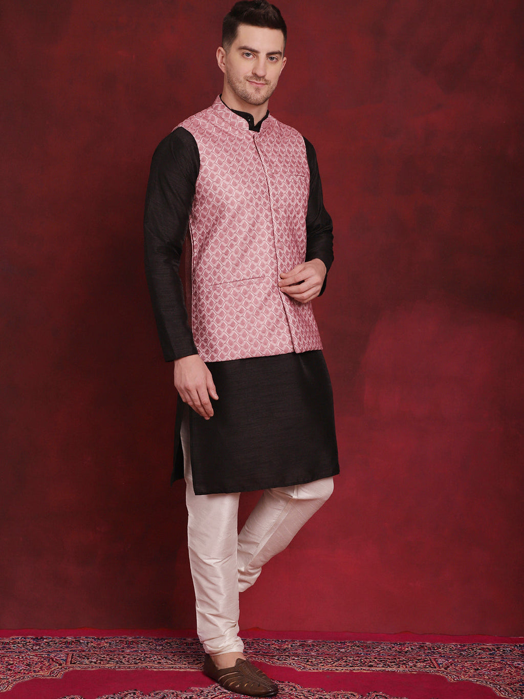 Jompers Men's Coral Woven Design Nehru Jacket With Kurta Pyjama Set