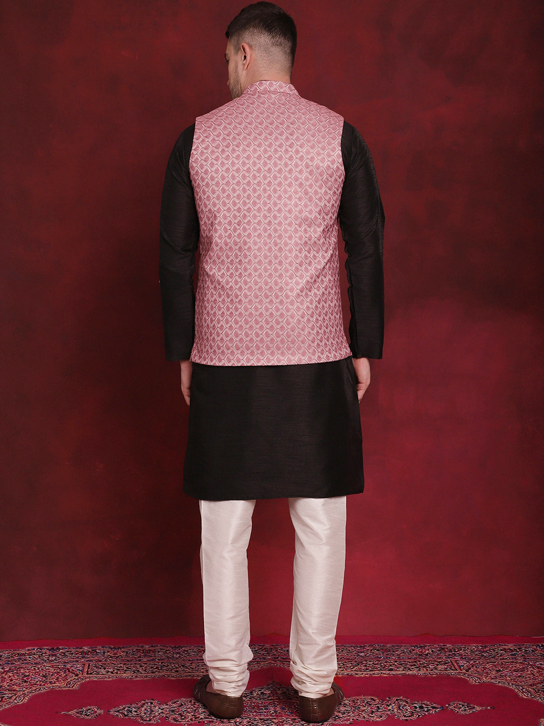 Jompers Men's Coral Woven Design Nehru Jacket With Kurta Pyjama Set