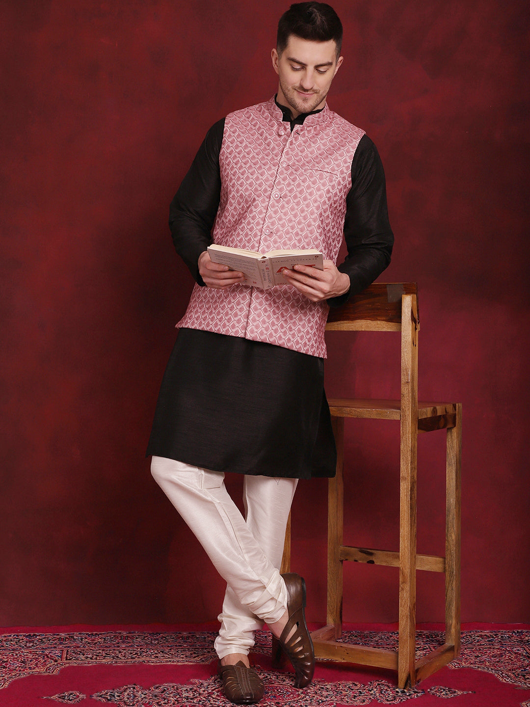 Jompers Men's Coral Woven Design Nehru Jacket With Kurta Pyjama Set