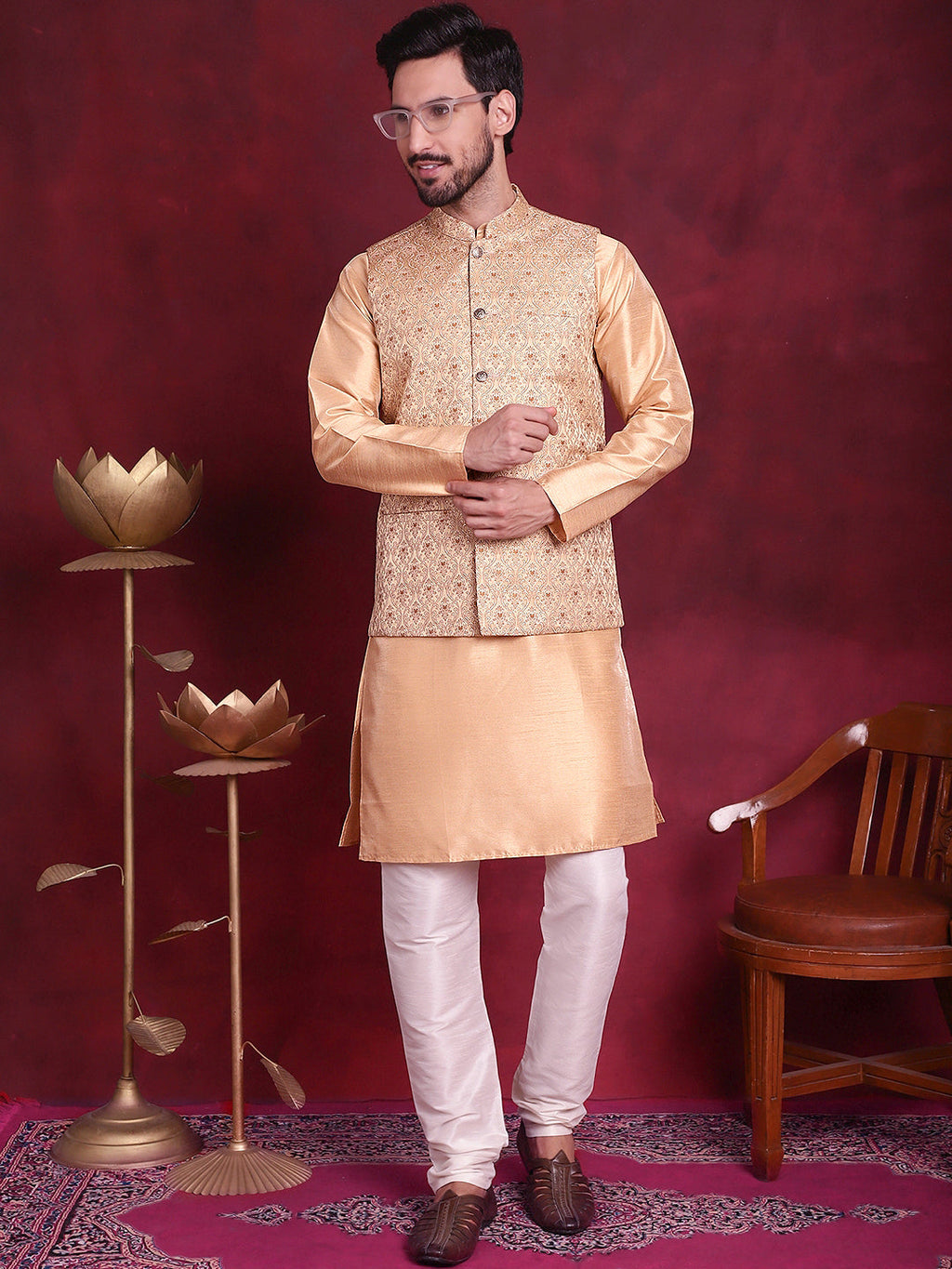 Jompers Men's Woven Design Nehru Jacket With Kurta Pyjama Set - Cream