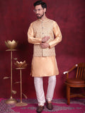 Jompers Men's Woven Design Nehru Jacket With Kurta Pyjama Set - Cream