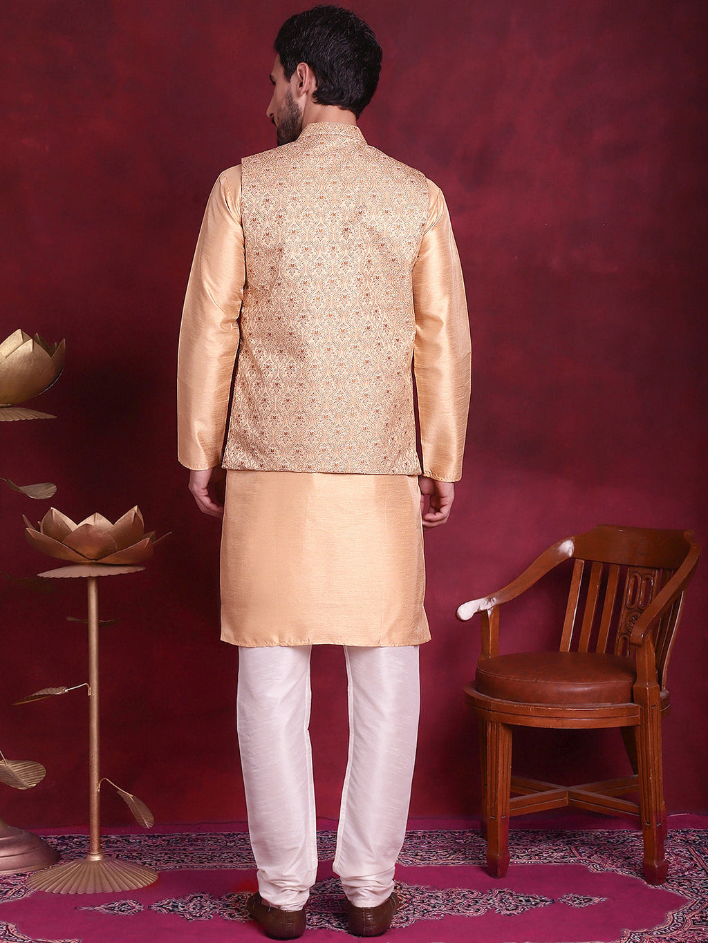 Jompers Men's Woven Design Nehru Jacket With Kurta Pyjama Set - Cream