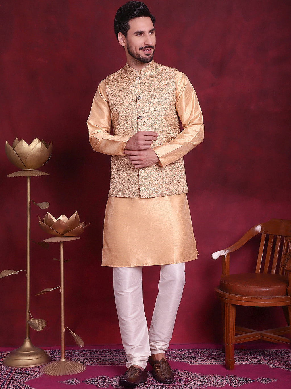 Jompers Men's Woven Design Nehru Jacket With Kurta Pyjama Set - Cream