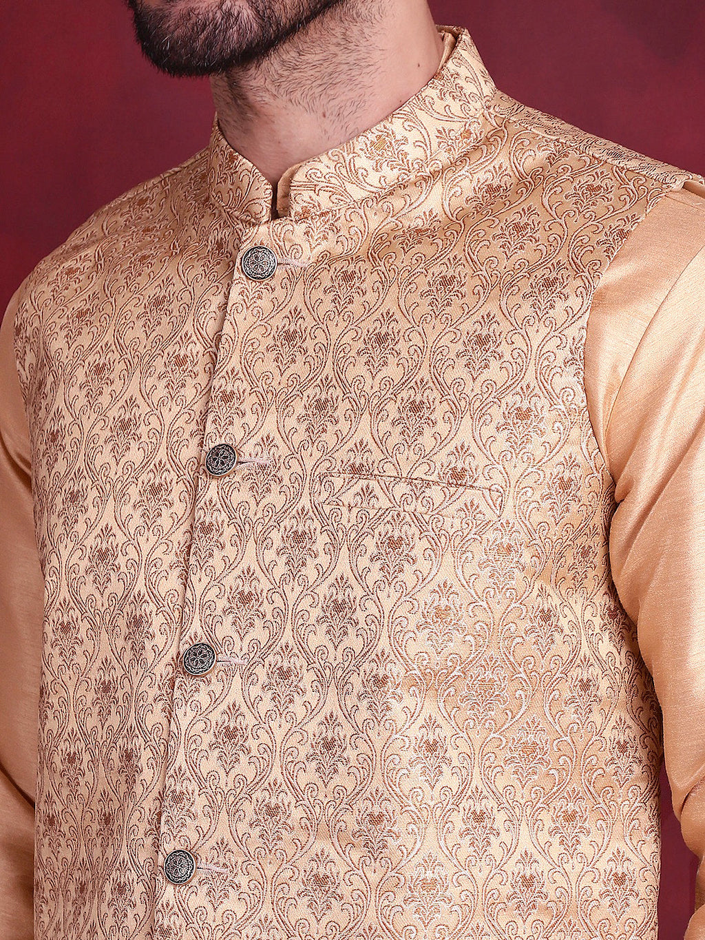 Jompers Men's Woven Design Nehru Jacket With Kurta Pyjama Set - Cream