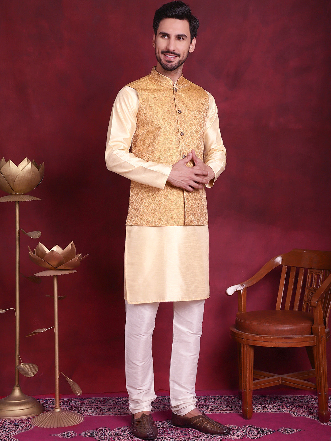 Jompers Men's Woven Design Nehru Jacket With Kurta Pyjama Set - Mustard