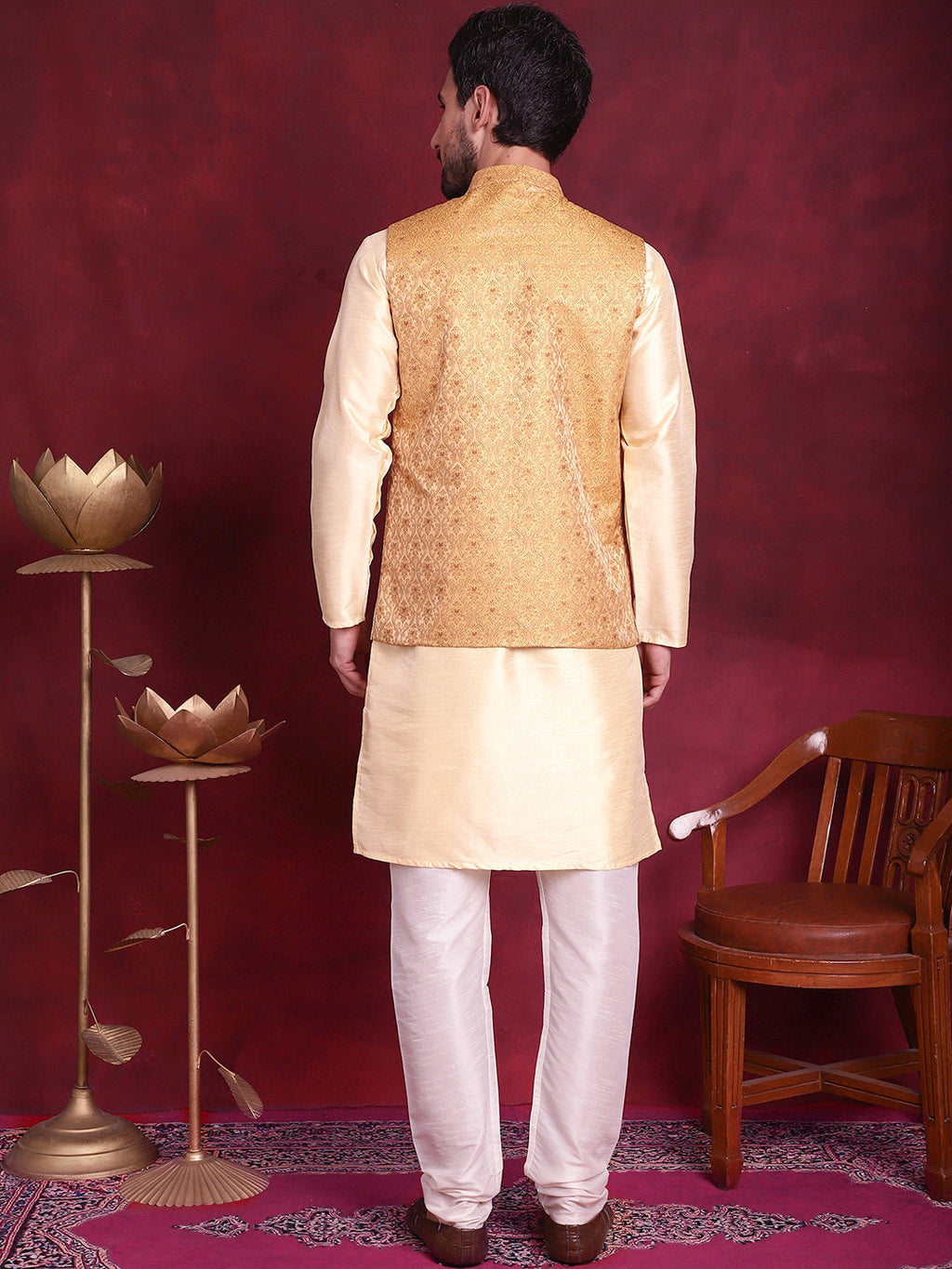 Jompers Men's Woven Design Nehru Jacket With Kurta Pyjama Set - Mustard
