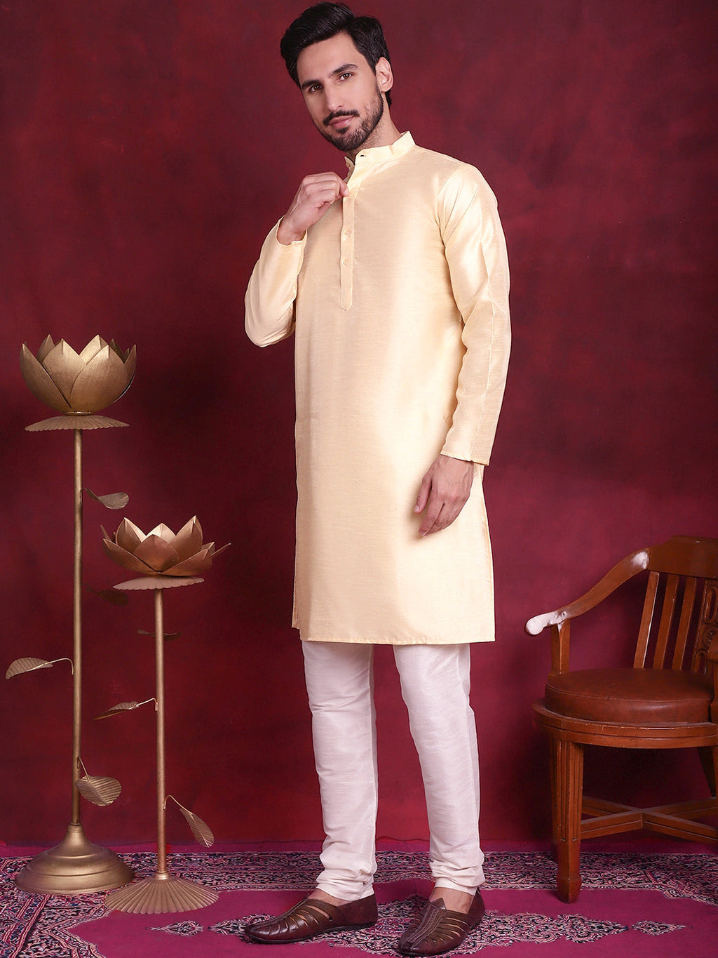 Jompers Men's Woven Design Nehru Jacket With Kurta Pyjama Set - Mustard