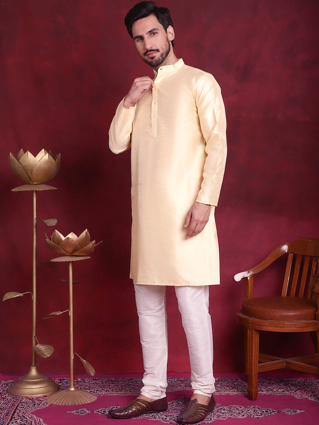Jompers Men's Woven Design Nehru Jacket With Kurta Pyjama Set - Mustard