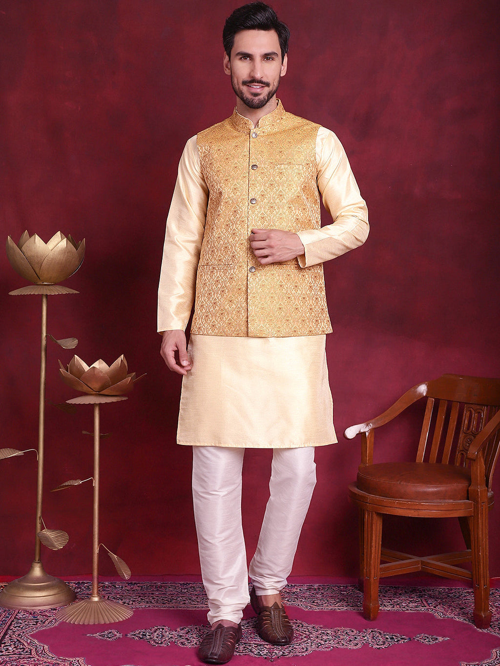 Jompers Men's Woven Design Nehru Jacket With Kurta Pyjama Set - Mustard