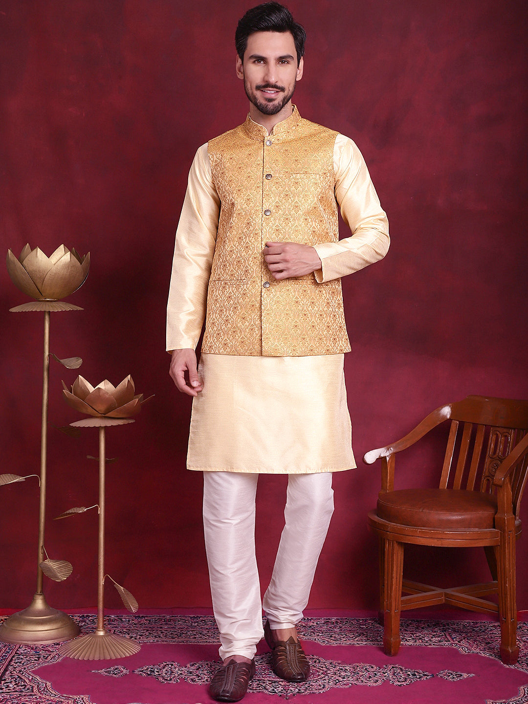 Jompers Men's Woven Design Nehru Jacket With Kurta Pyjama Set - Mustard