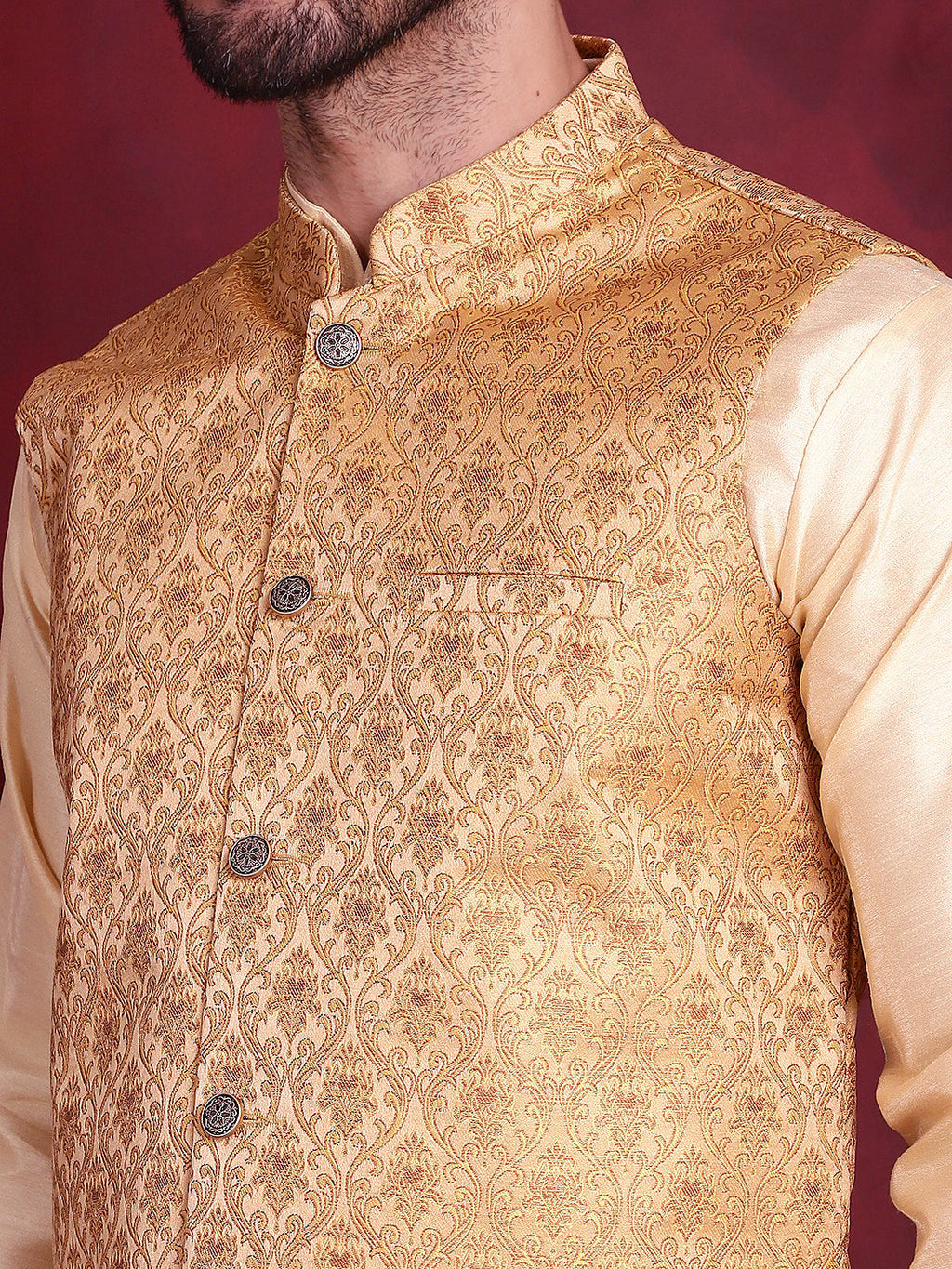 Jompers Men's Woven Design Nehru Jacket With Kurta Pyjama Set - Mustard