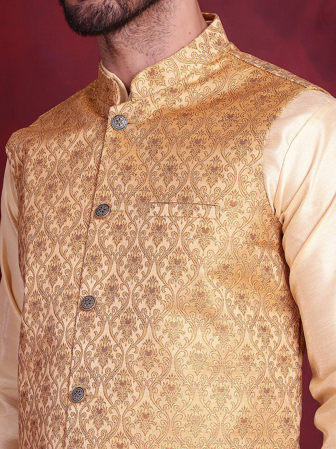 Jompers Men's Woven Design Nehru Jacket With Kurta Pyjama Set - Mustard