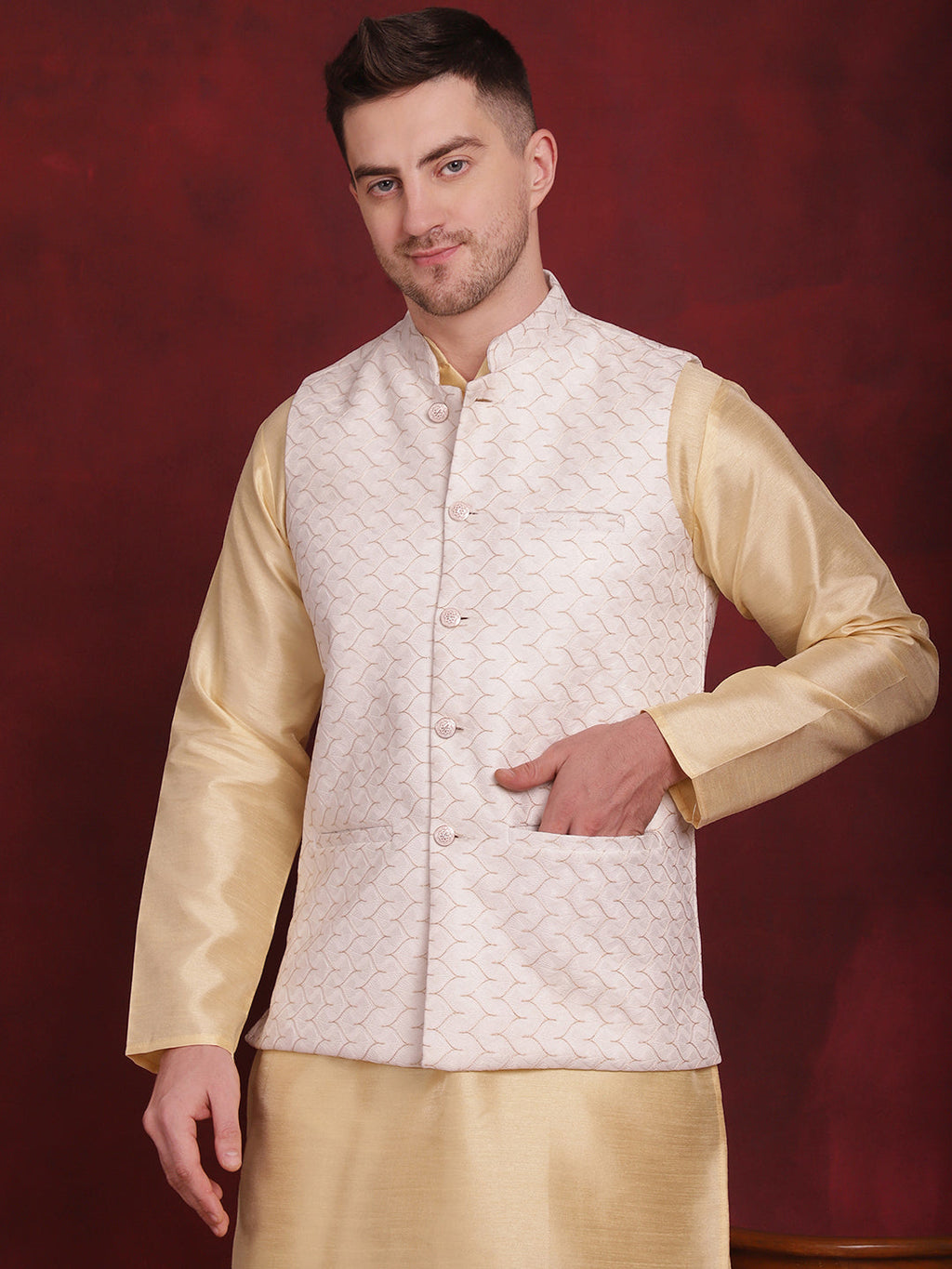 Jompers Men's White Woven Design Nehru Jacket With Kurta Pyjama Set