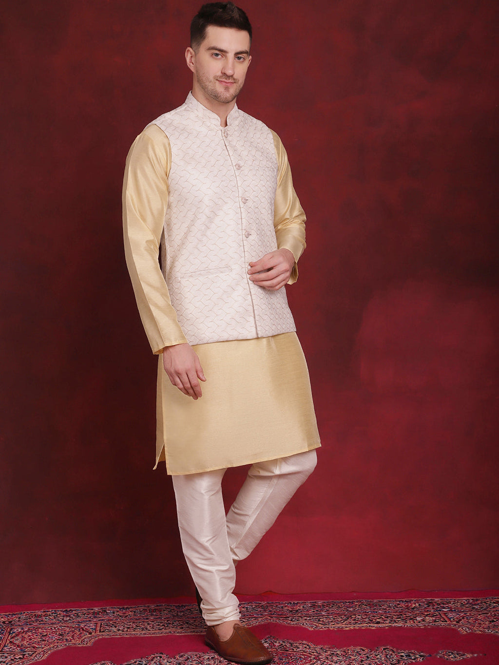 Jompers Men's White Woven Design Nehru Jacket With Kurta Pyjama Set